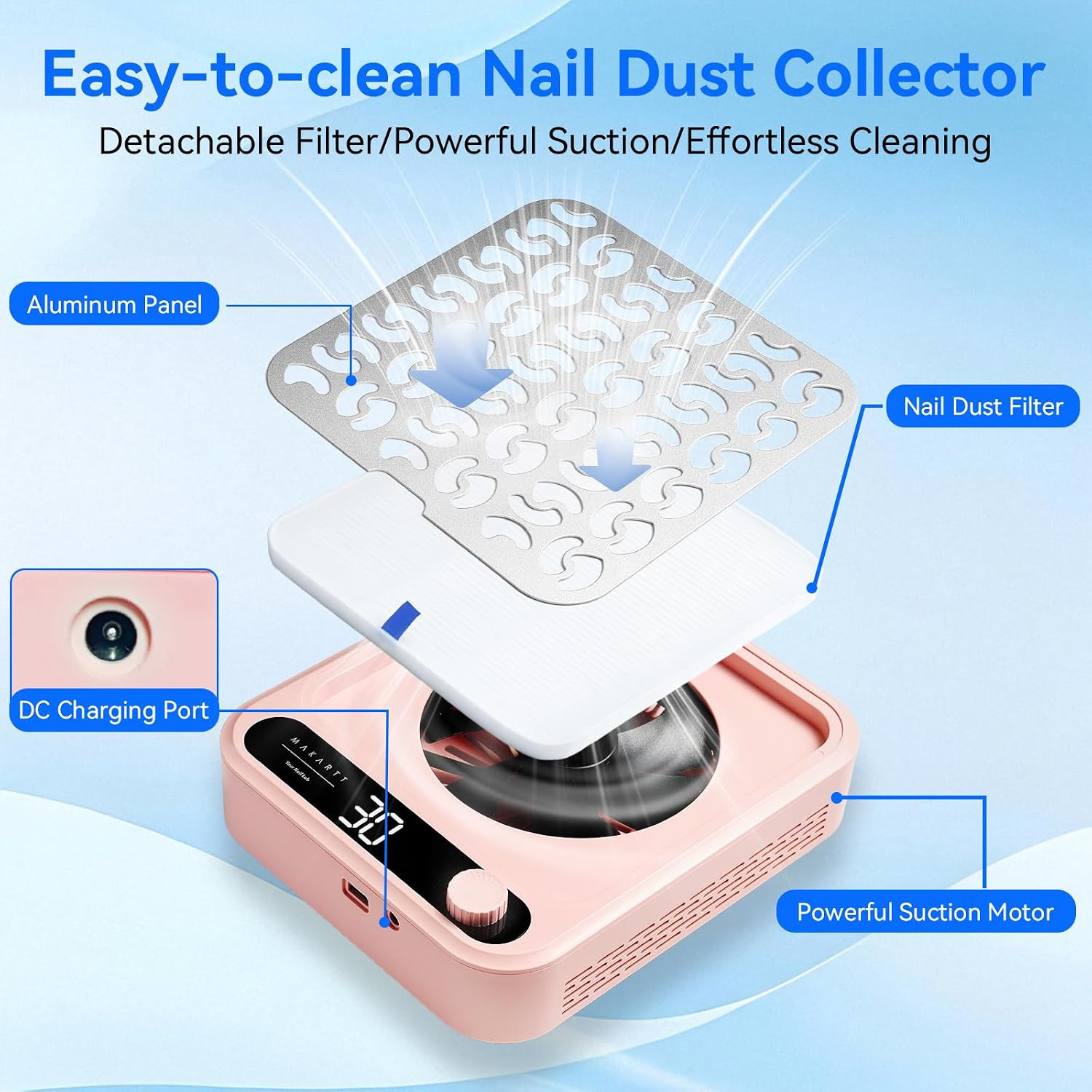Nail Dust Collector Powerful Suction LED Display Speed Control Pink | Larina Vac