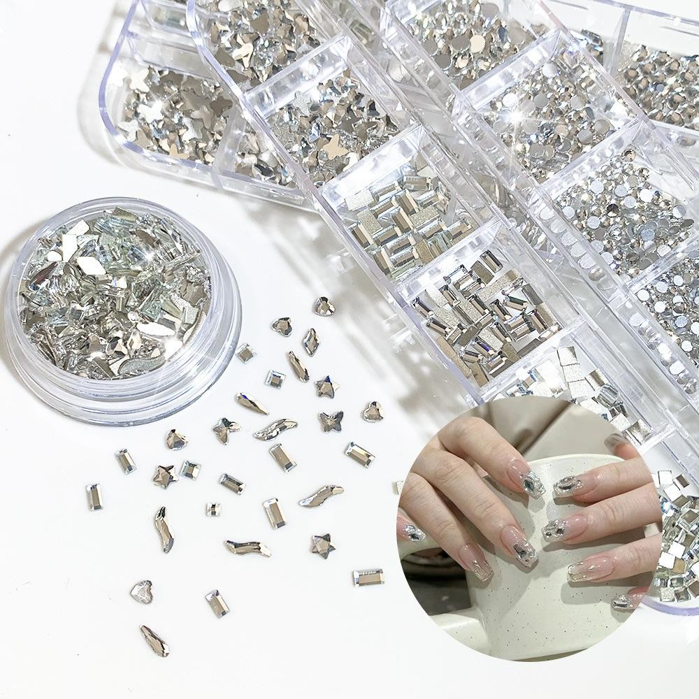 Small Crystal Rhinestones Set, 1/6/12 Grid Flat Back for Gel Nail Art Projects