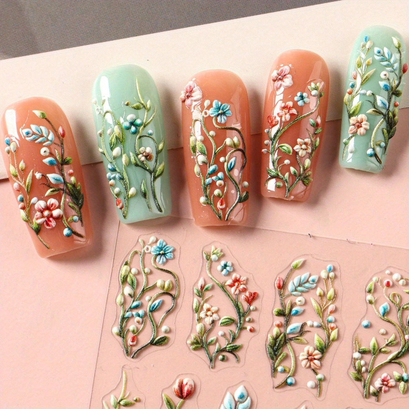 4pcs 5D Embossed Nail Stickers Green Grape Leaf Floral Self-Adhesive Nail Decor