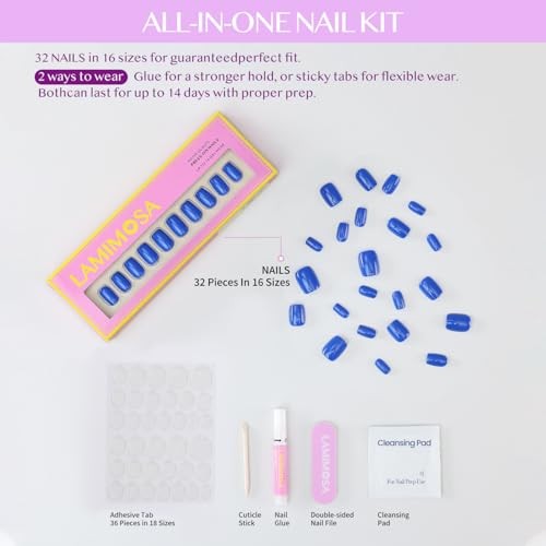32Pcs Blue Press On Nails – Short Square – Soft Gel Fake Nails in Majorelle Blue