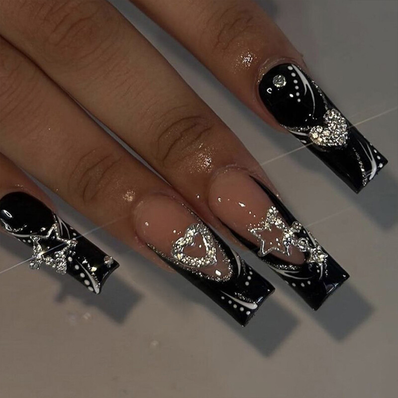 Wearable Fake Nails Bling 24Pcs Designs Medium Long Coffin Decor False Nails