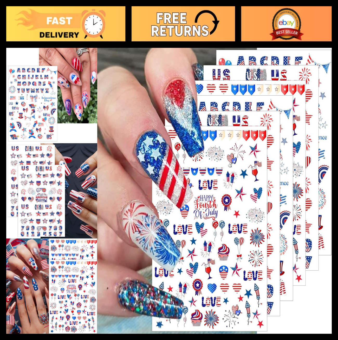 4th of July Nail Stickers – 6 Sheets 3D Self-Adhesive American Flag Decals, Fire