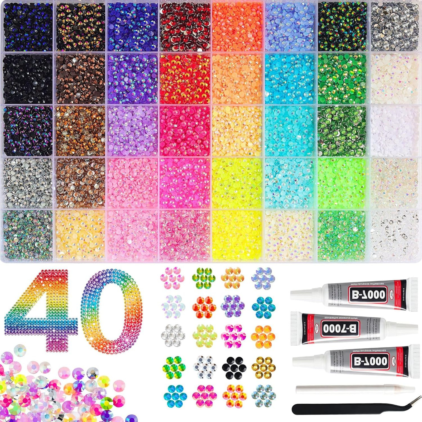 Jelly Rhinestones Bedazzling Kit 3mm Resin Gems 40 Colors with B7000 Glue for