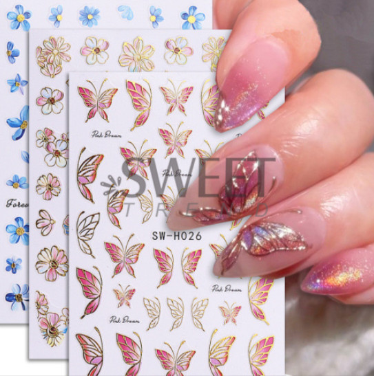 3 Sheets 3D Blue Gold floral Flower Butterfly Nail Stickers Self-adhesive NS8