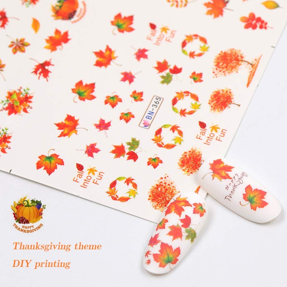Fall Nail Stickers Autumn Maple Leaf Nail Art Decals Thanksgiving Day Water D…
