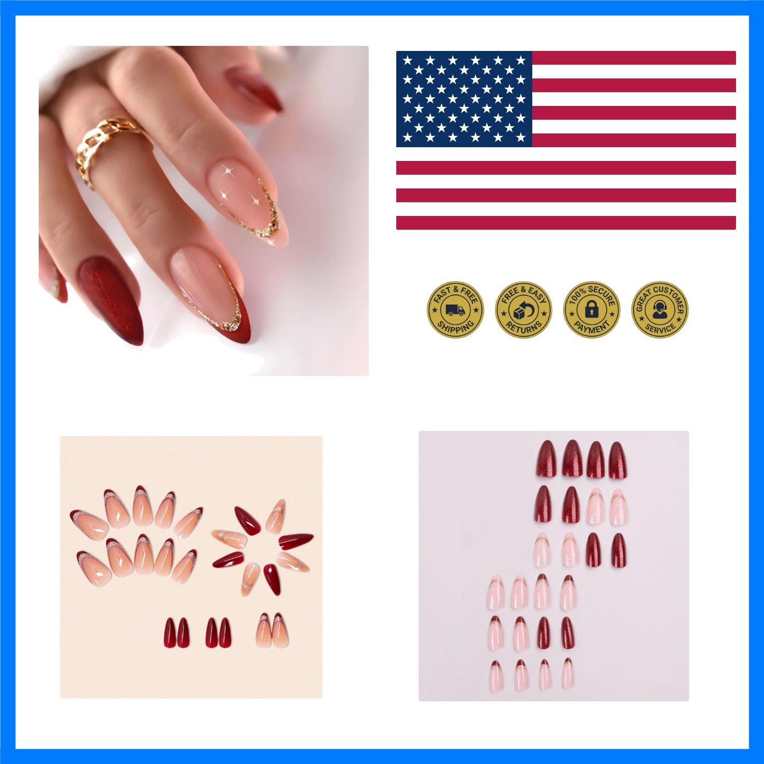 Press on Nails Tip Almond Medium Length, Artificial Fake Nails with Gold Sequ…