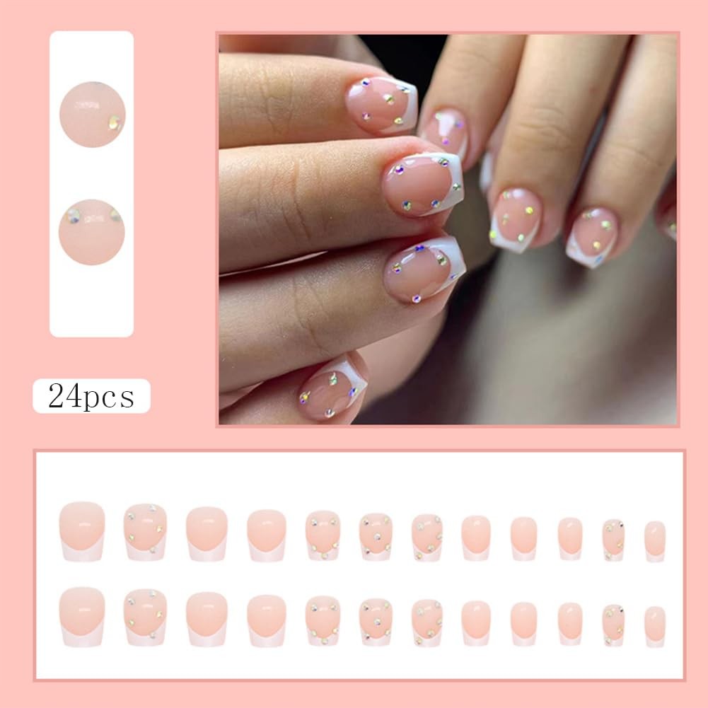 24Pcs Short Square Press On Nails – Bare Reusable Acrylic French Tip Fake Nai…