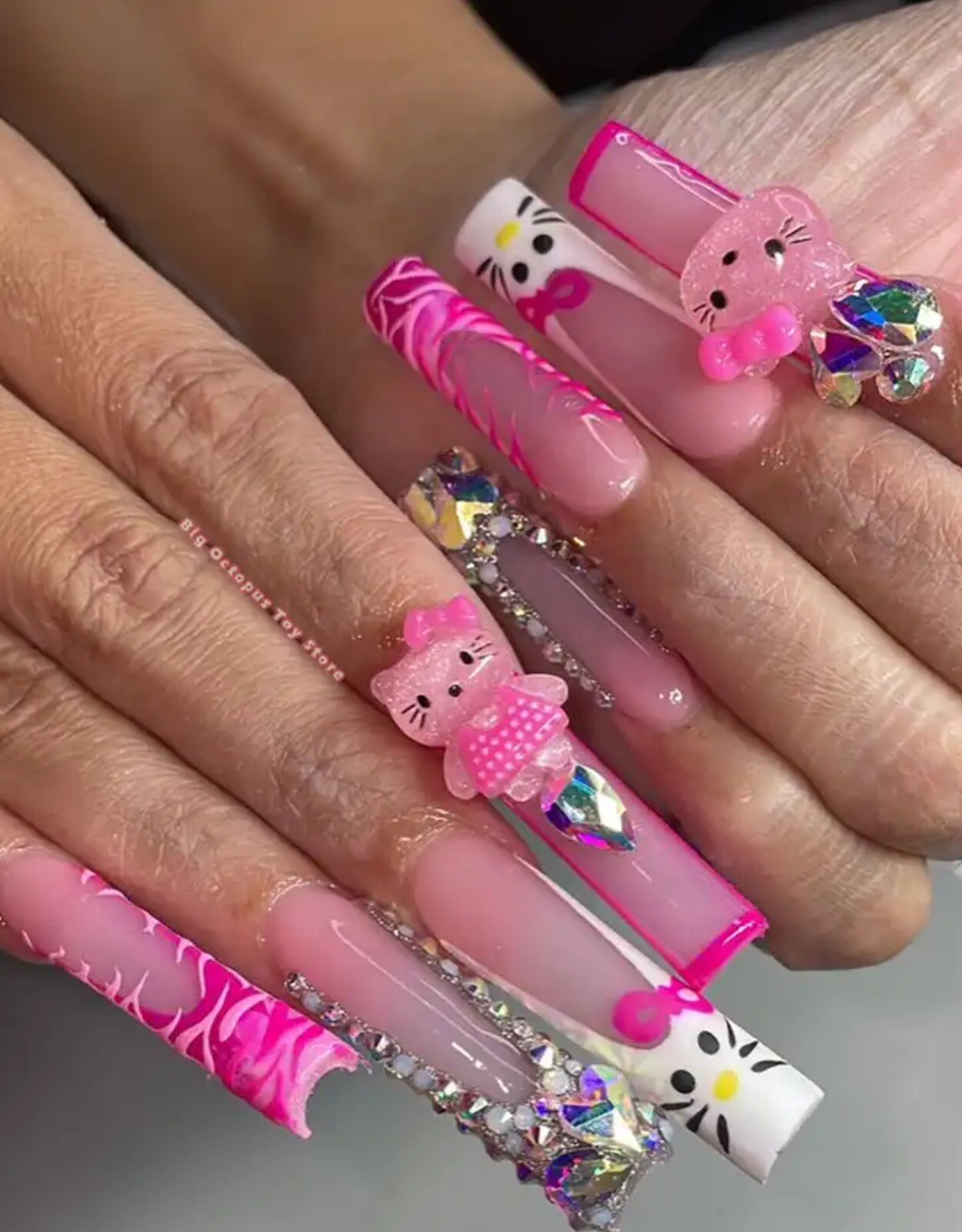 Xxxl Rectangle, Fake Nails 3D Hello KITTY Pink Diamond Strong, Long Nails