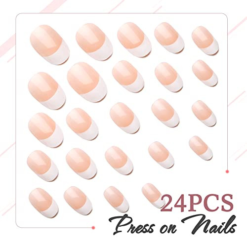 French Tip Press On Nails Short Clear Nude Oval Designs False Nail White Edge