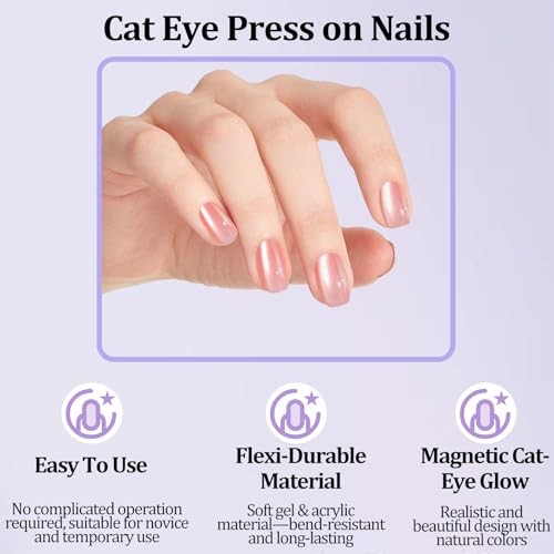 210pcs Cat Eye Press on Nails for Women – 7 Colors – Short Square – Nude Series