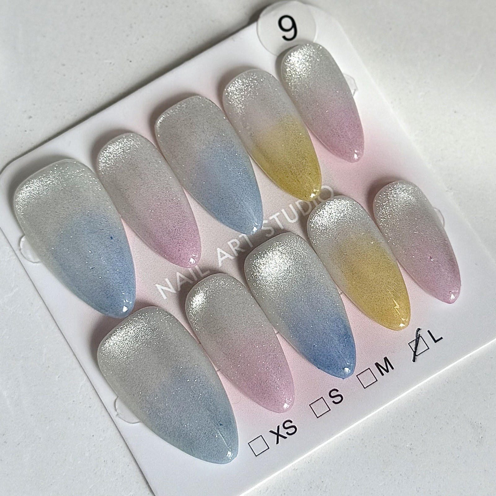 Handmade Rainbow Cat Eyes Press-On Nails Medium Almond Size L Reusable Fake Nail