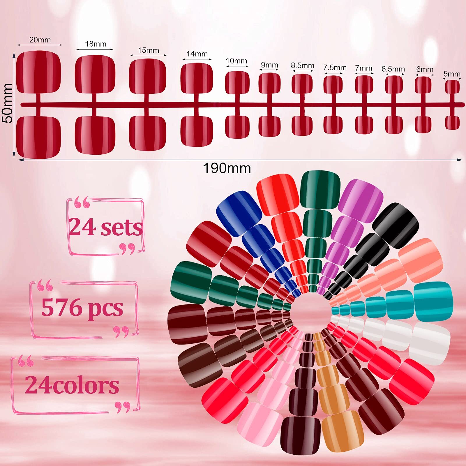 576 Pcs 24 Sets Short Square False Nails Artificial Nail Tips Full Cover