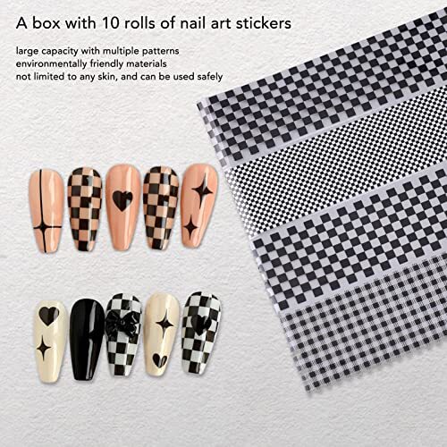 10 Rolls Plaid Nail Art Stickers, Black White Plaid Design Nail Tips Decals