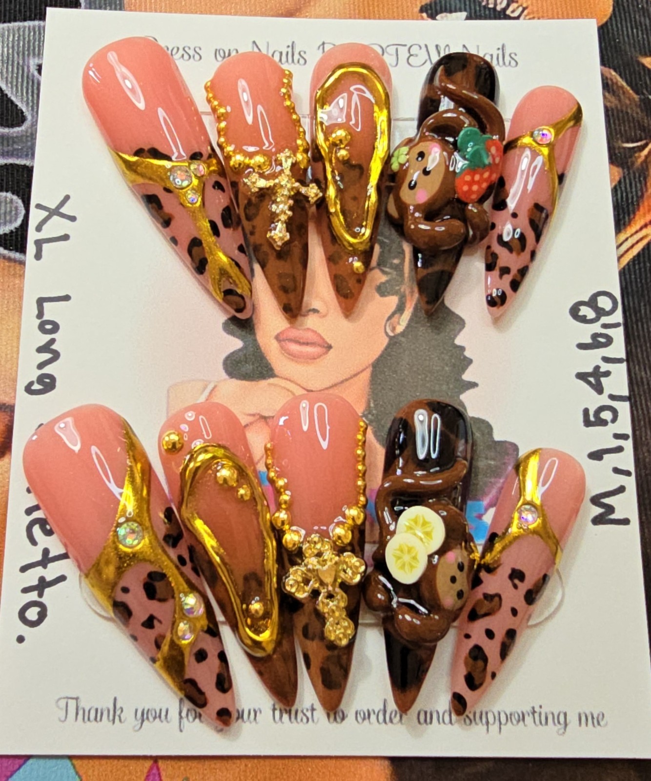 Handmade Gel Press On Nails,Naughty Monkey, Medium Size 1,5,4,6,8 XL Long Stilet