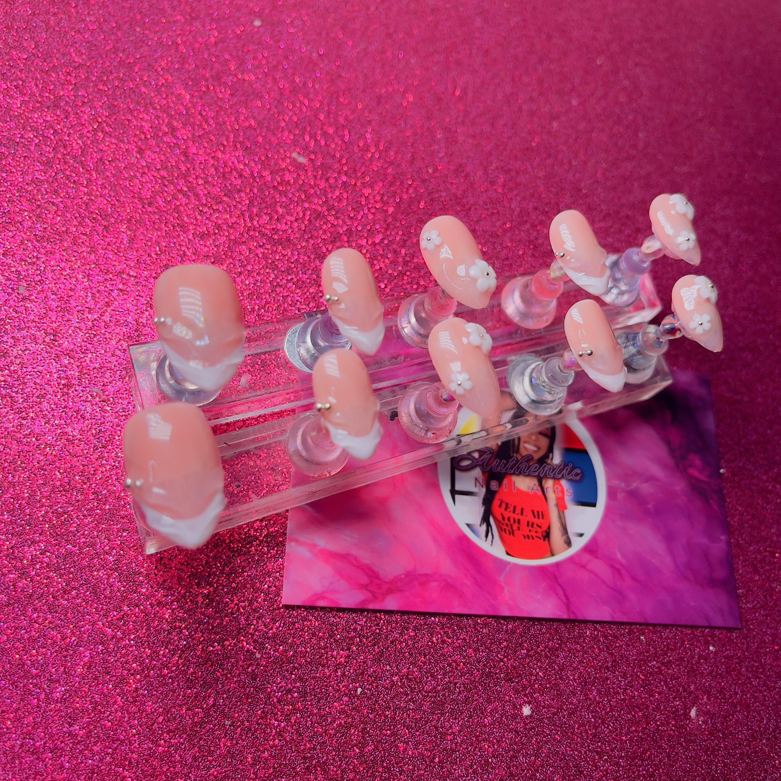 Almond Press-On Nails Peach White French 3D Flower by Authentic Nail Arts by Dia