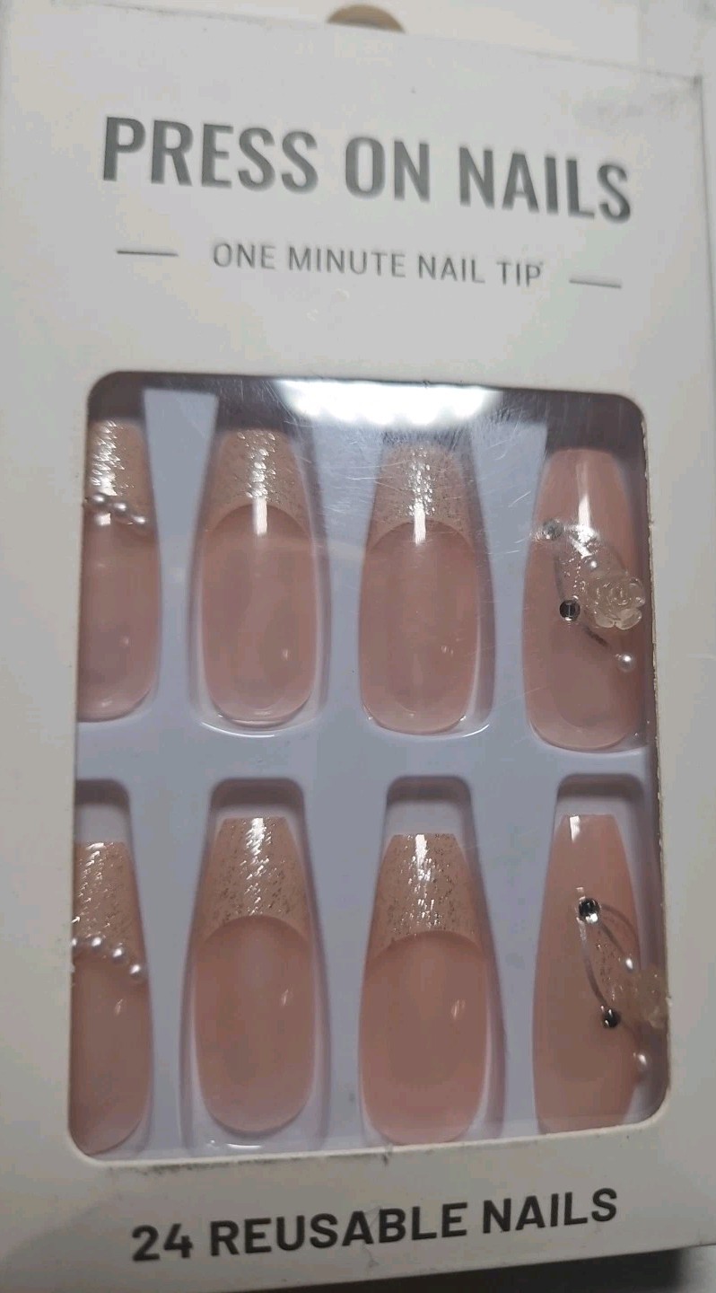 Press On Nails 24PCS Long Square Light Peach Rose, & Pearls French Nails