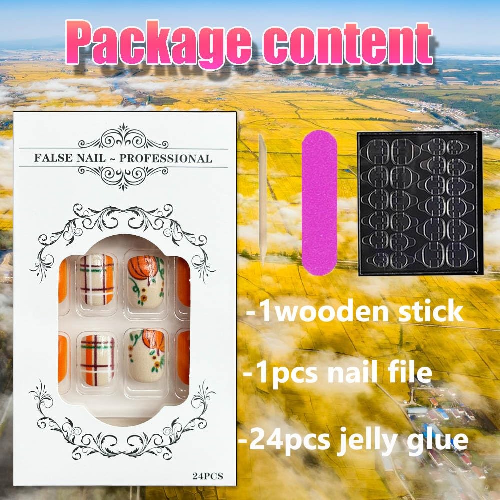 Thanksgiving Fall Press on Nails Short Square Fake Orange Style 6