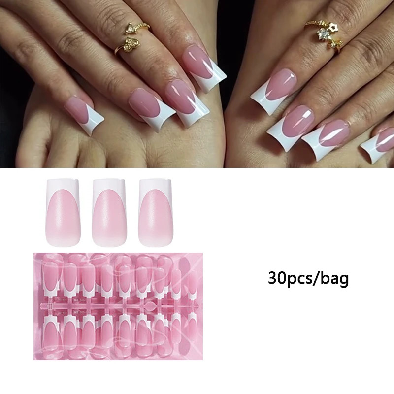 30pcs Summer French Gradient Short Square Press On False Toe Nails Wearable