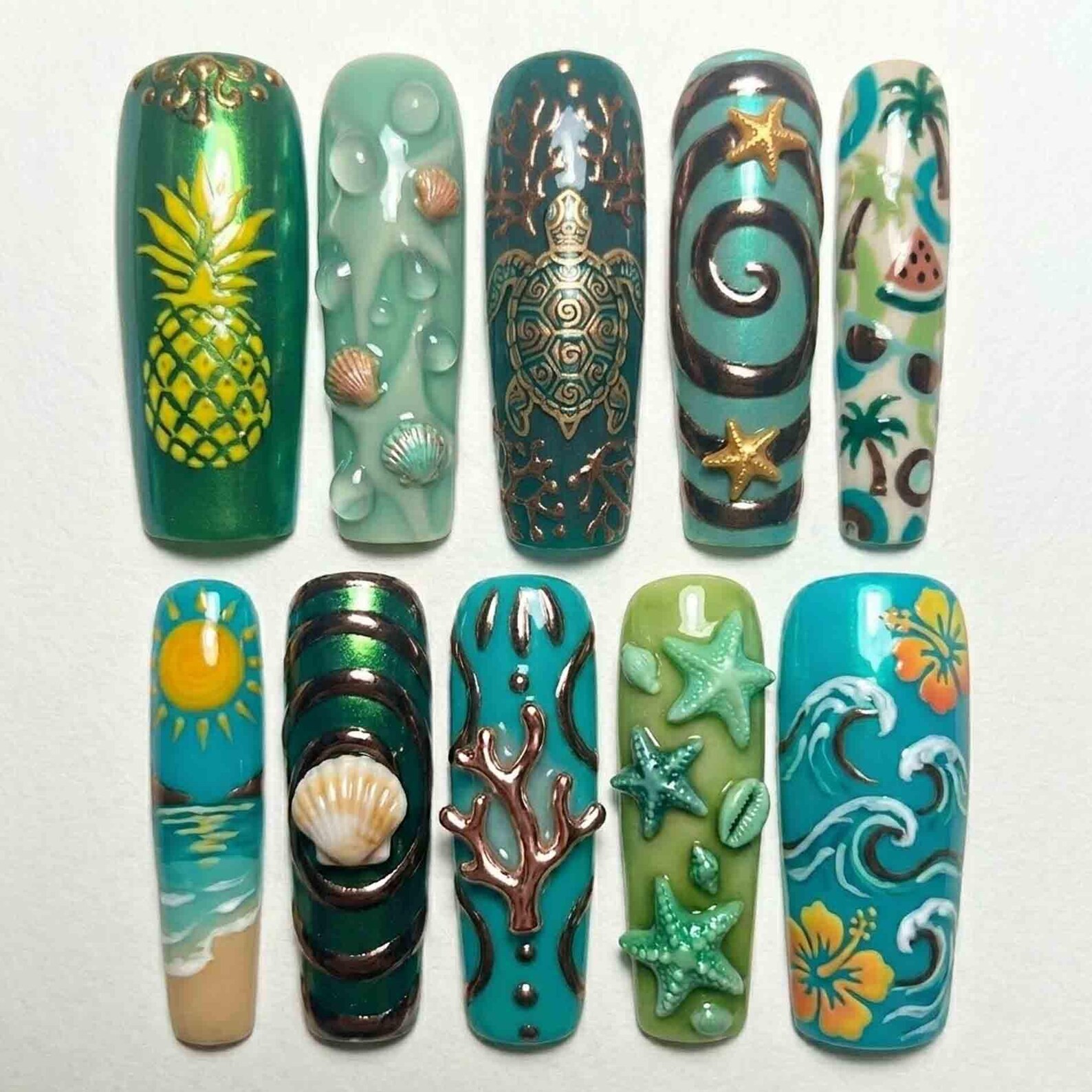Handmade Tropical Ocean Turtle Pineapple Starfish Shell Press on Nails