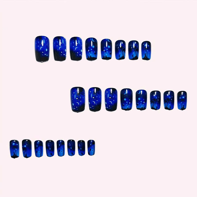 48Pcs Coffin Galaxy Palm Tree Press on Nails Star Moon Vacation Night Party Wear