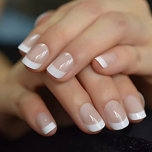 Classic Short Squoval Nude White Press on French Nail Tips Nude with white