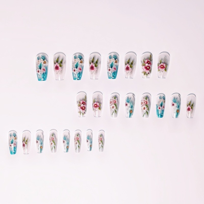 48PCS Ballet Nude Transparent Pink Blue Flower Reusable Fake Nails