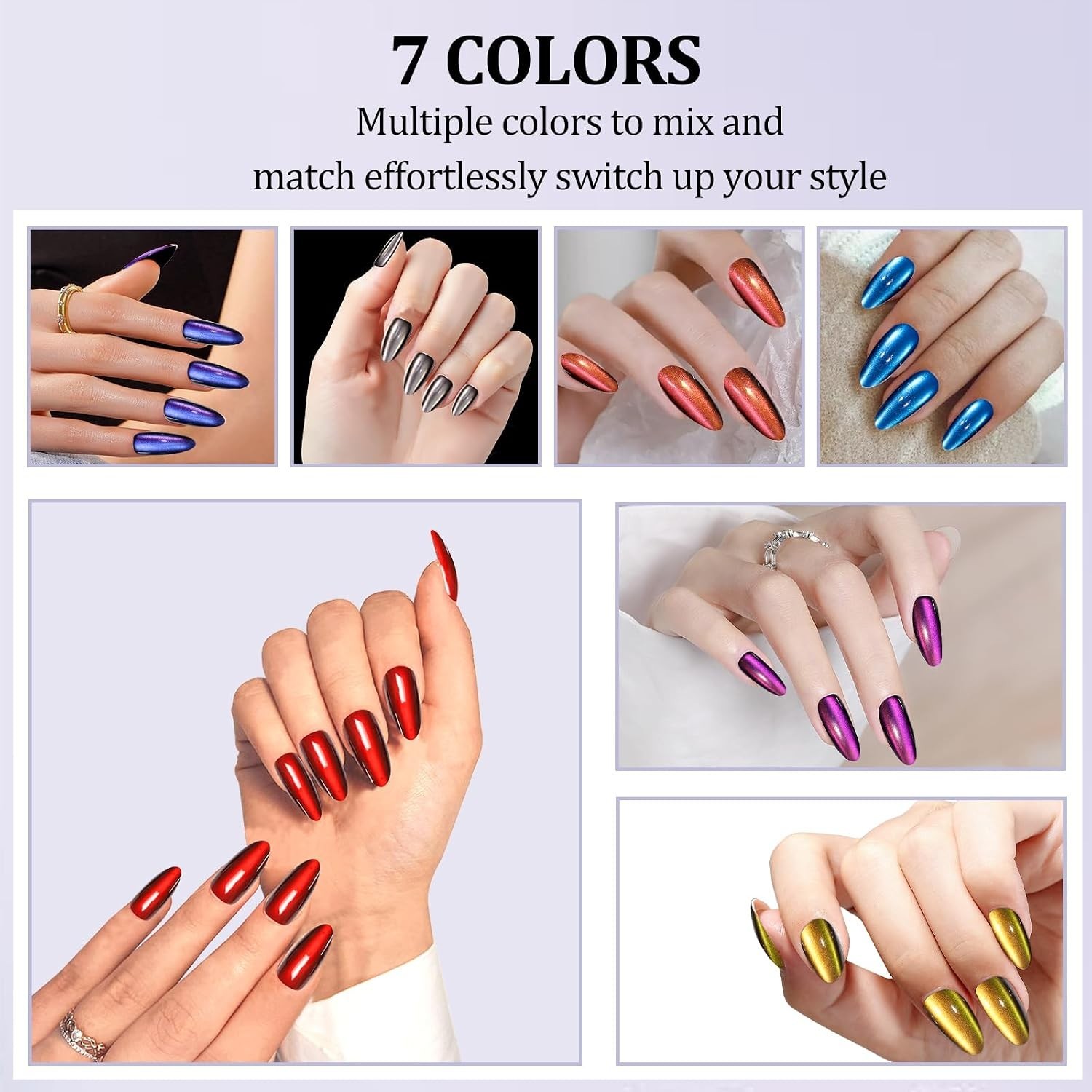 210pcs Cat Eye Press on Nails Almond 7 Colors Galaxy Acrylic Fake Nail | Reus…