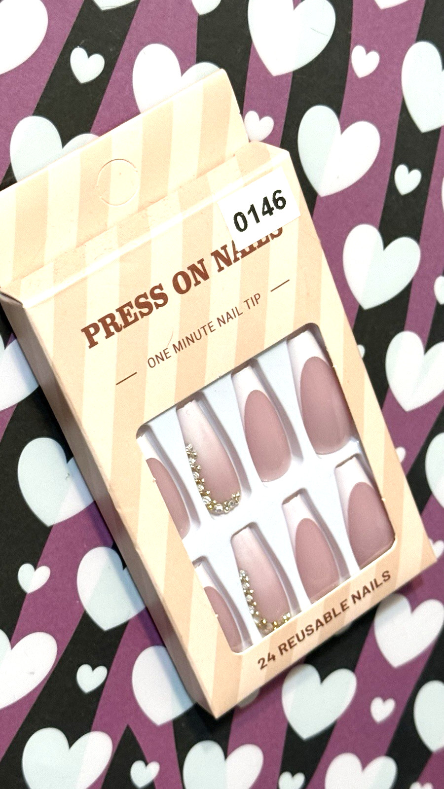 Press On Nails One Minute Nail Tip NUDE with WHITE FRENCH TIP & BLING 24 Long