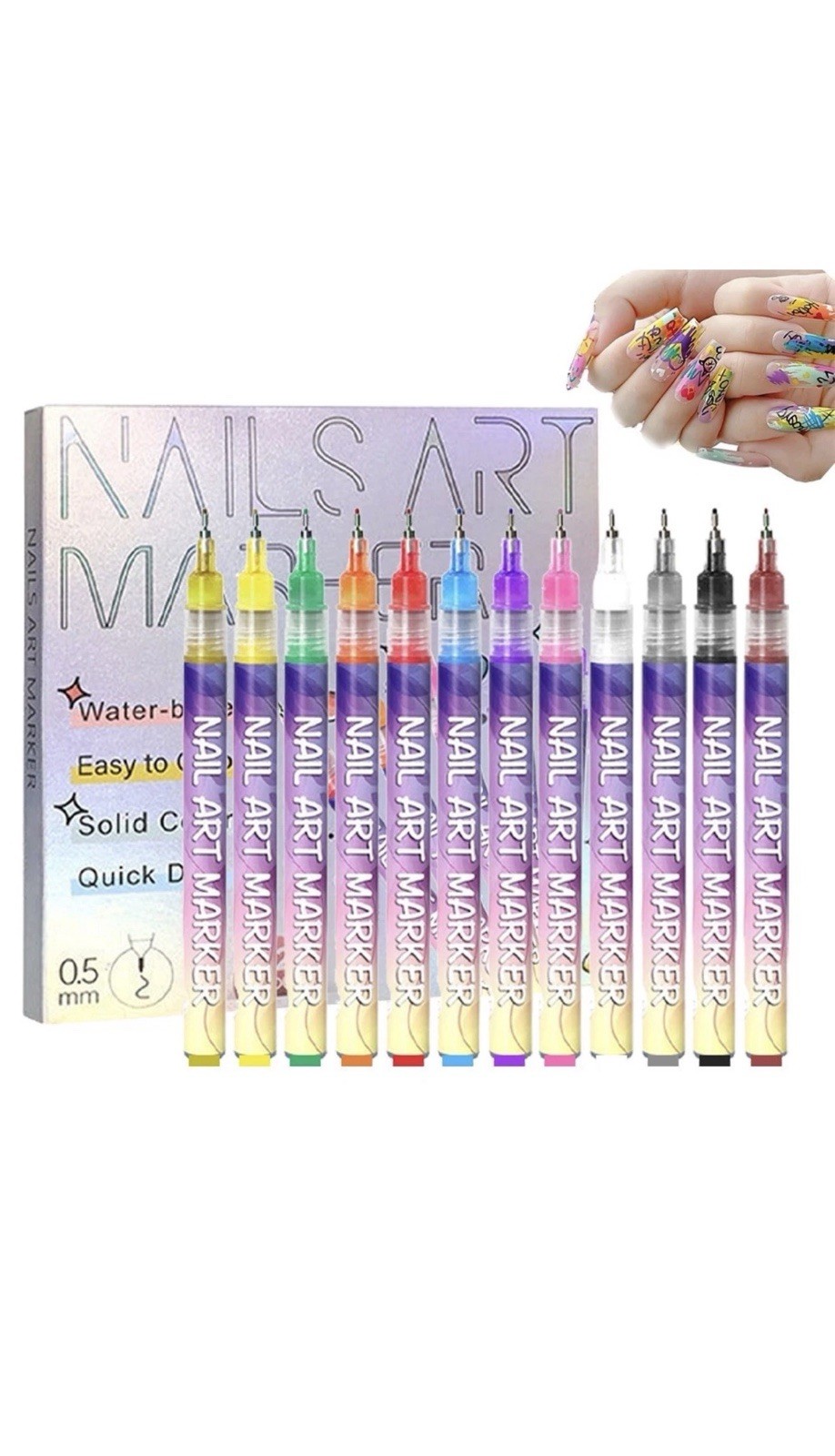 12Pcs Nail Art Pen Marker Set 0.5mm Extra Fine Tip Graffiti Drawing Embellishing