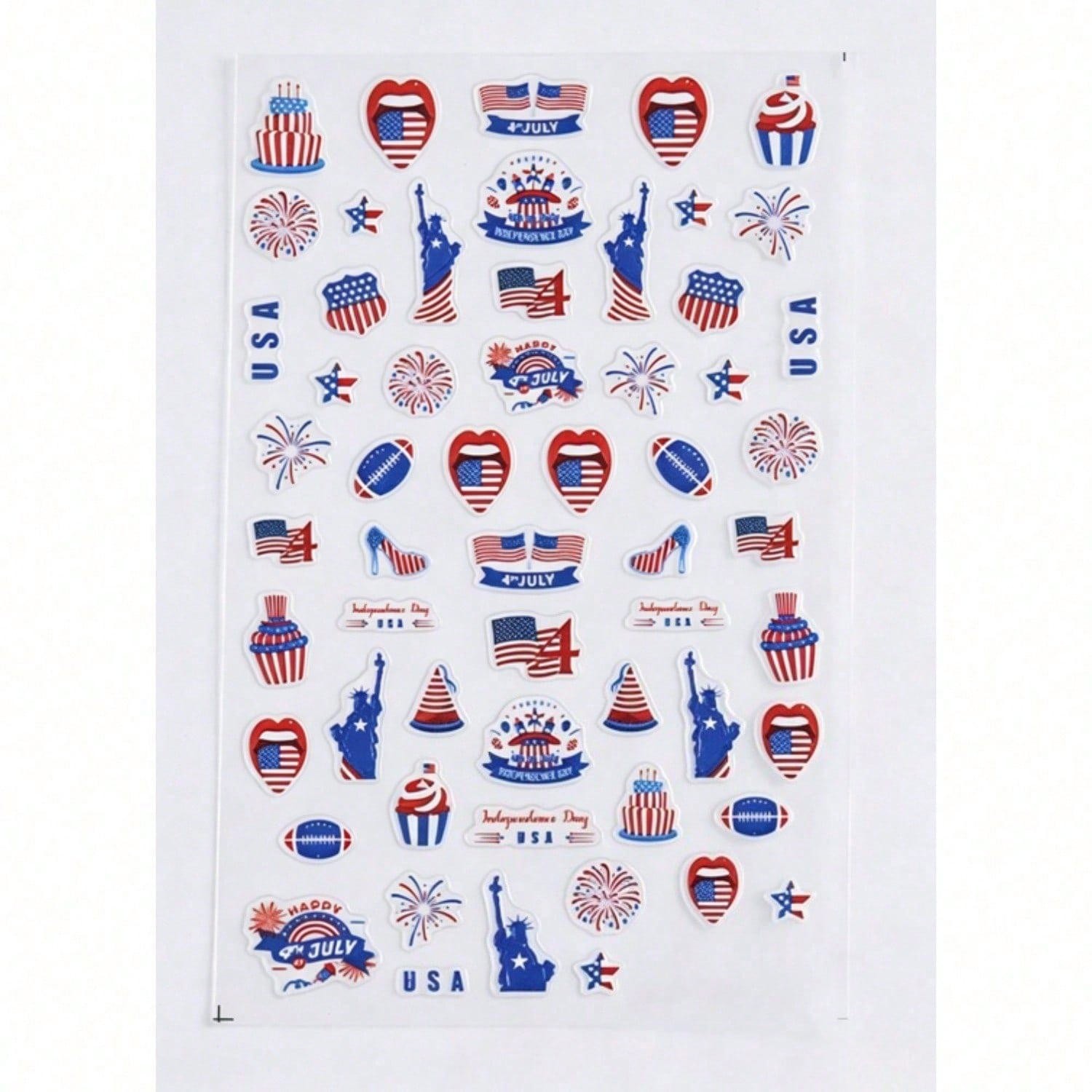 6 Sheets 4th of July Nail Art Stickers 3D Decals Red Blue White American Flags