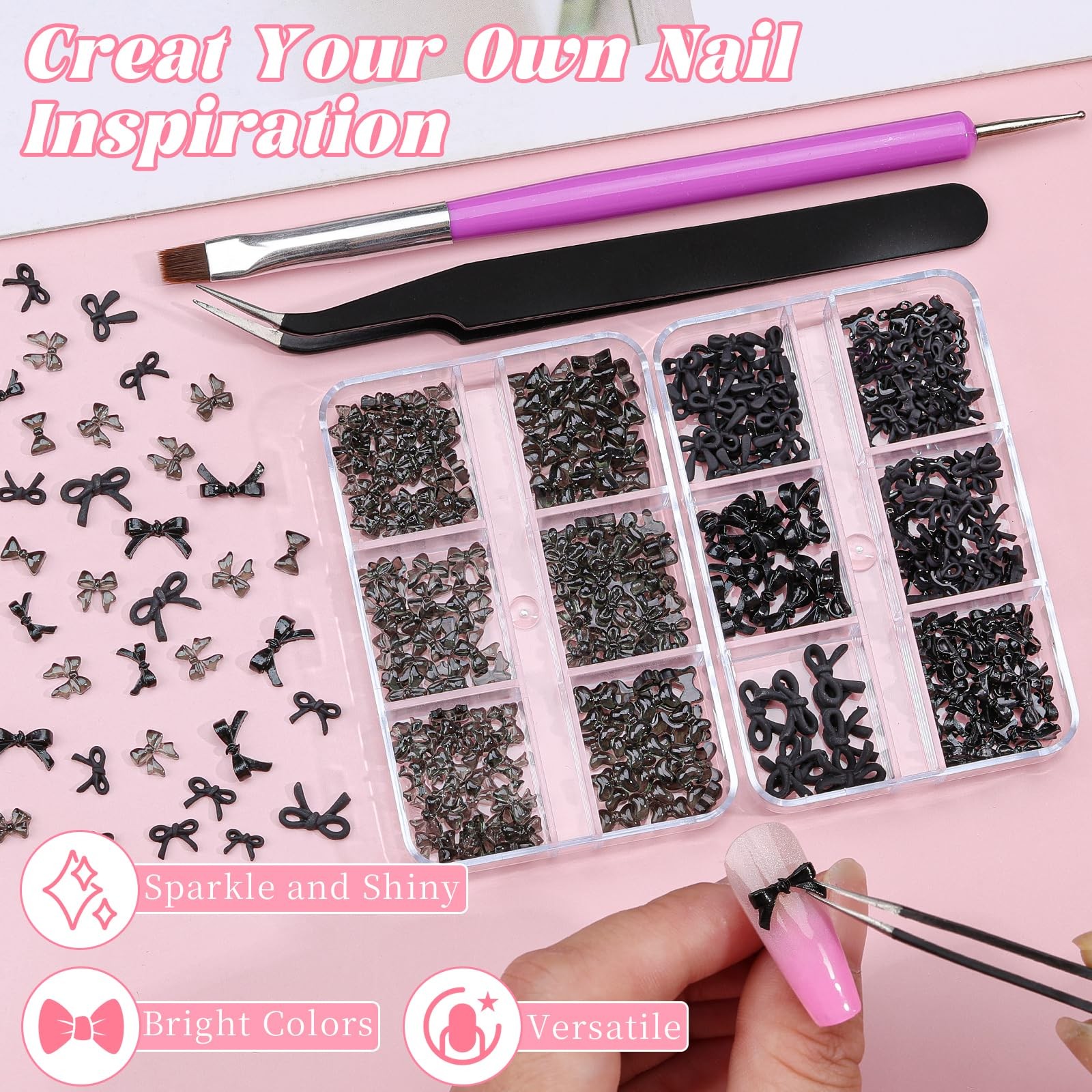 2 Boxes 3D Bow Nail Charms, Black Mini Bow Charms Transparent/Solid Resin Bow…