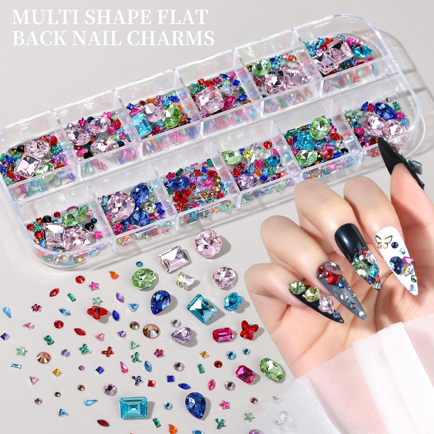 Nail Gems, 3-Box Colorful Nail Rhinestones Nail Charms and Gems, 3D Rainbow Crys