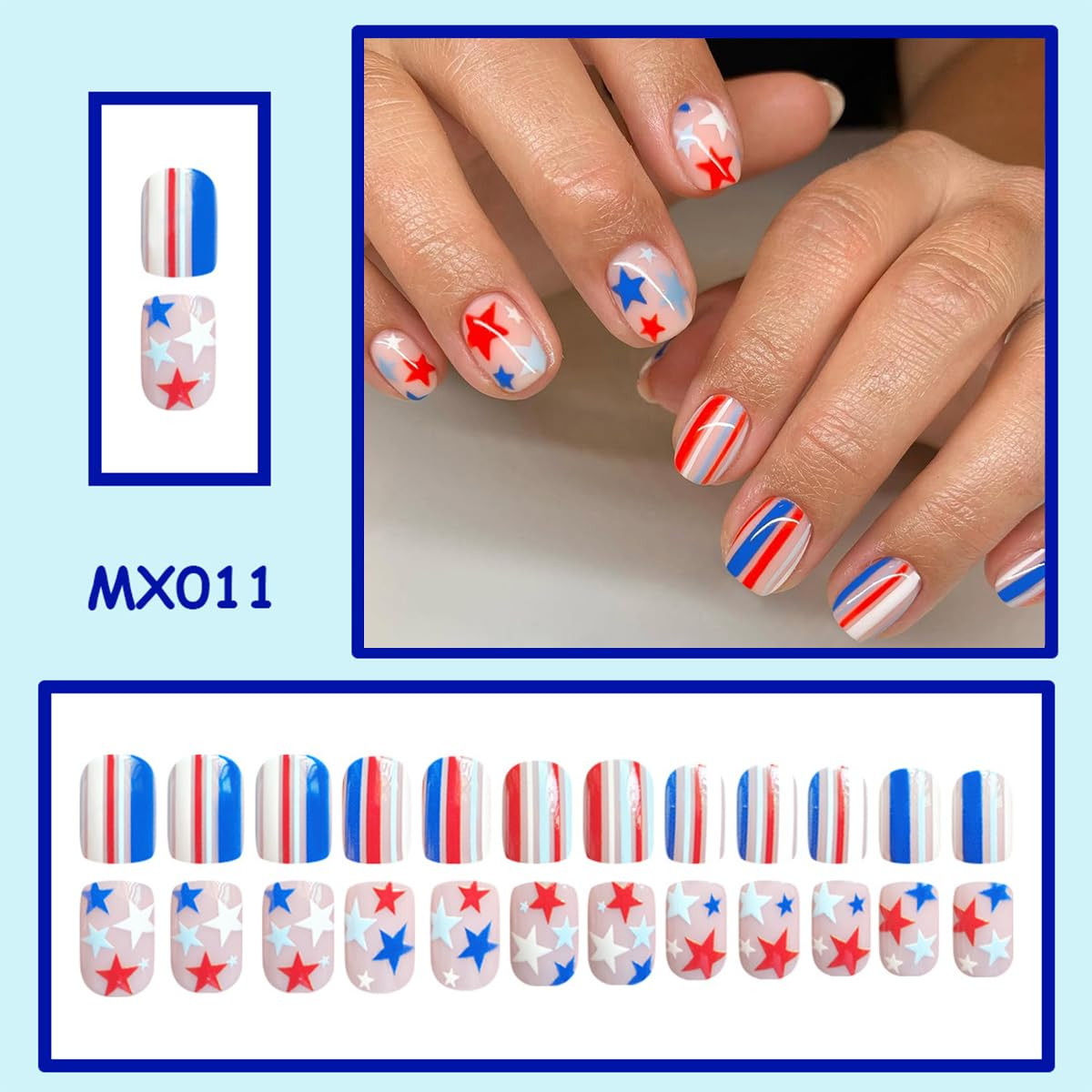 4Th of July Press on Nails Short Square – Red White & Blue Stars & Stripes Desig