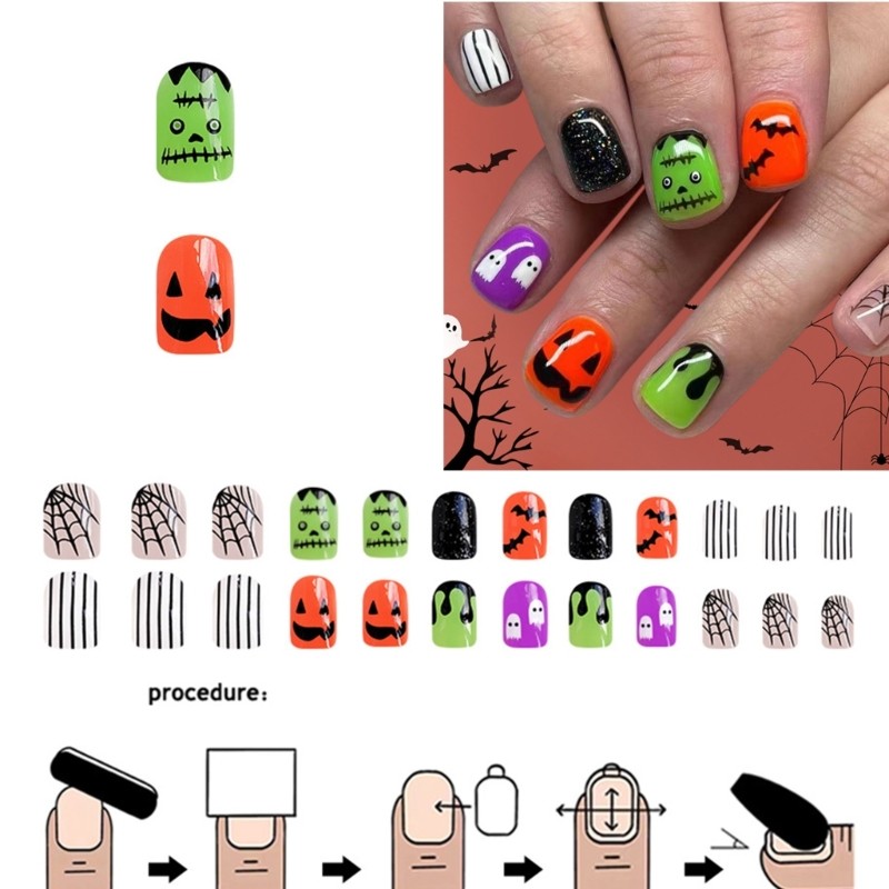 24Pieces Halloween Artificial Tips Cobweb Bat Pattern Short Square Press