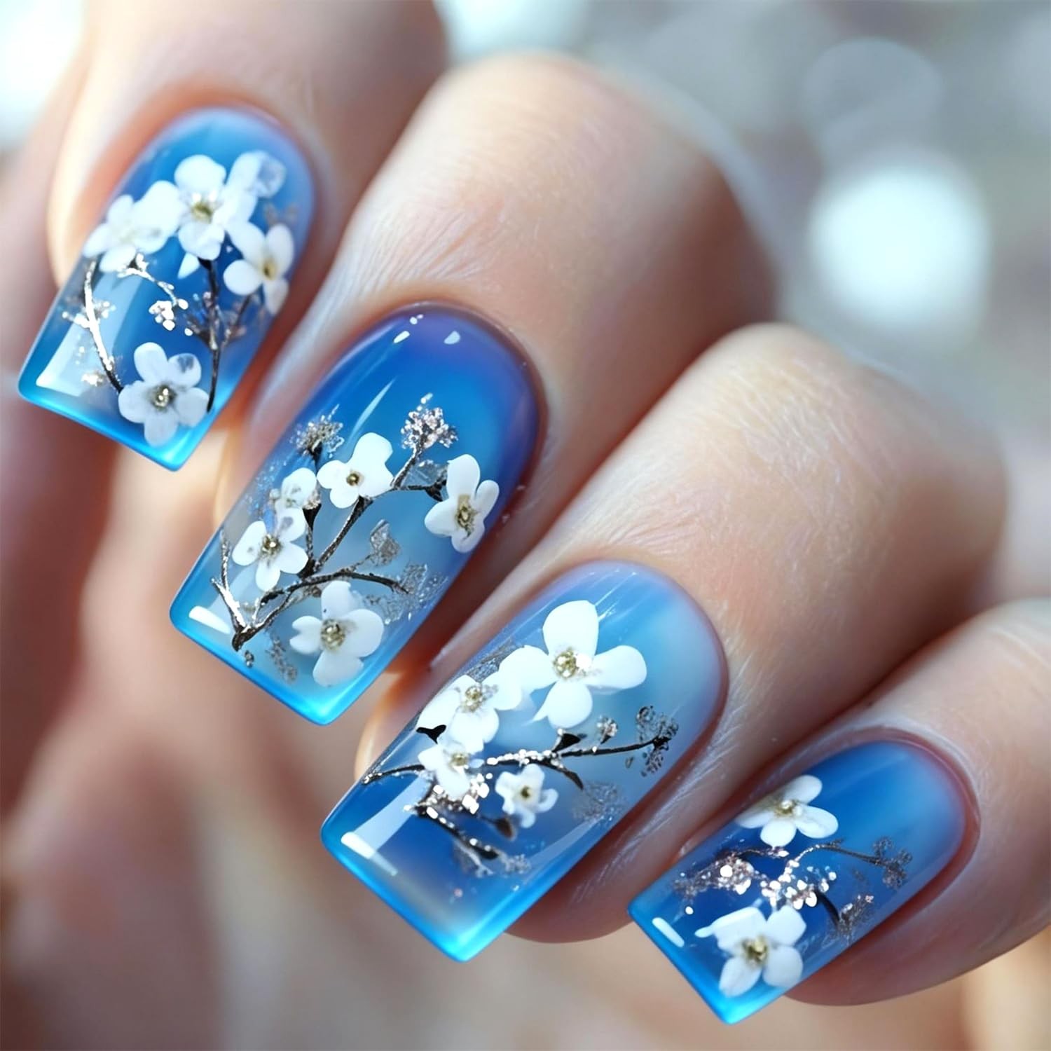 LWTZLW Blue Press on Nails Medium Square False Nails White Flower Design Full…