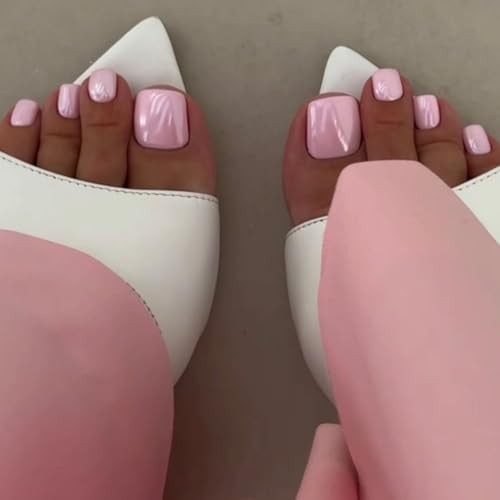 Pink Press on Toenails Chrome Fake Toenails Short Square Toe Nails style04