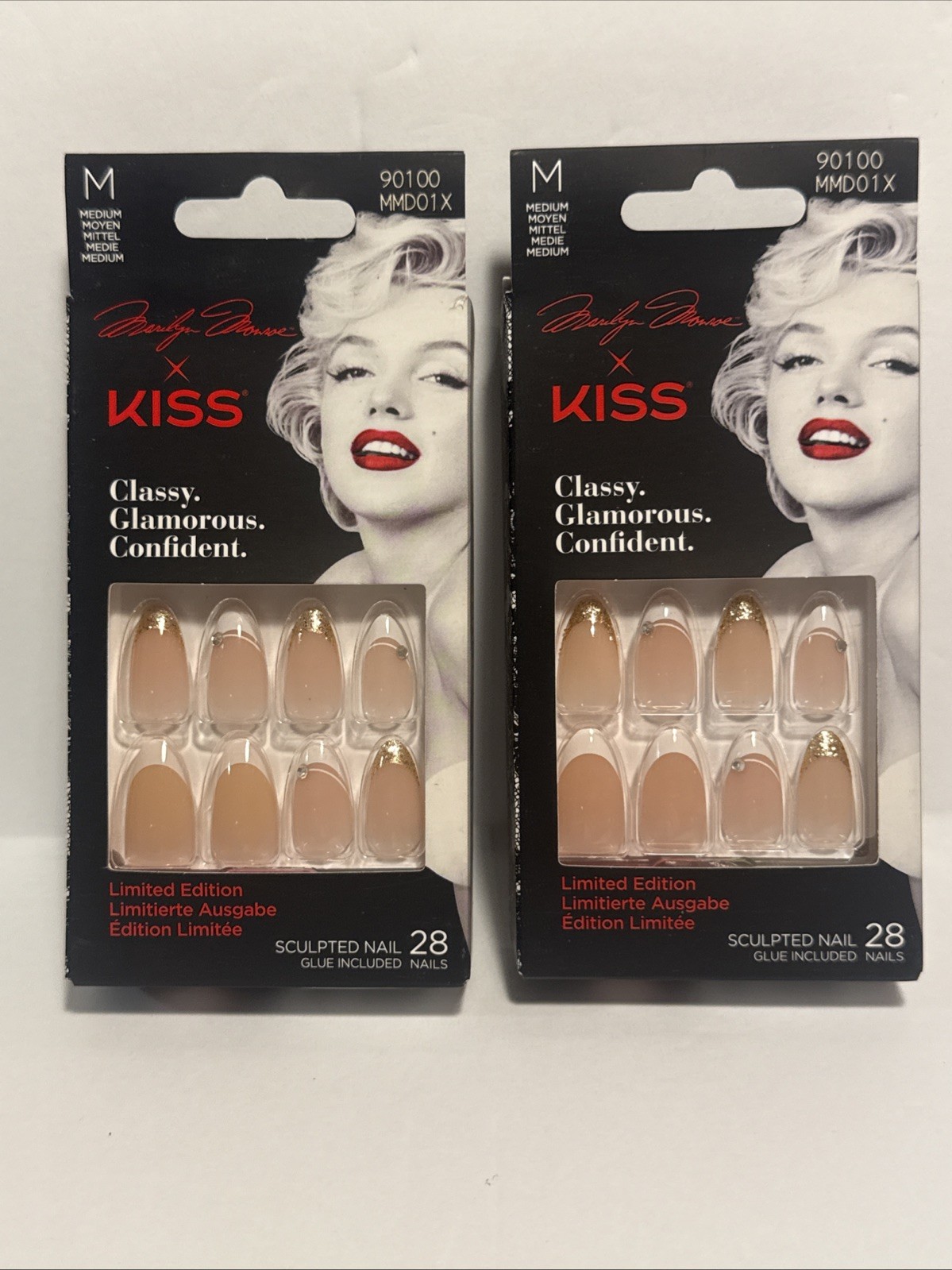 2Marilyn Monroe X Kiss 28 Nails Medium Almond French Tip Nude+Gold GlitterJewels