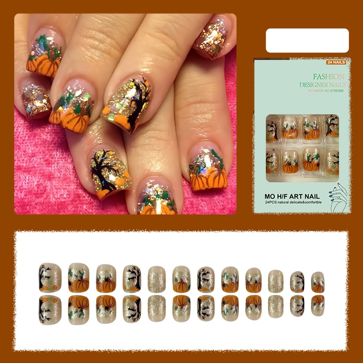 Thanksgiving Press on Nails Short Square Fake Nails Glitter Pumpkin Holiday S…