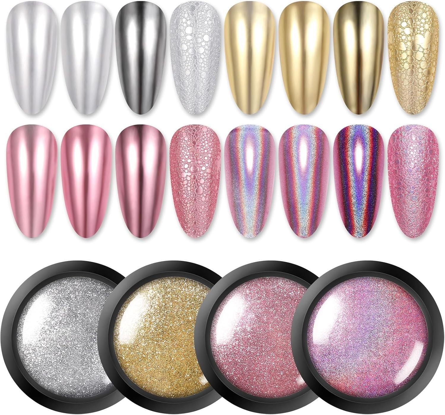 Stunning 4-Pack Chrome Holographic Nail Powder for Stunning Manicures