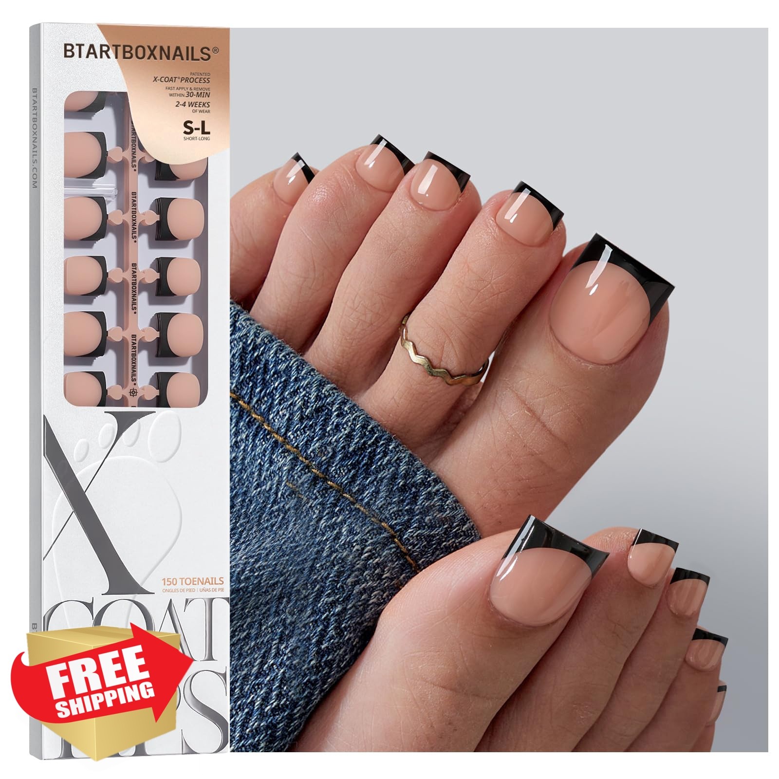 BTARTBOXNAILS Toe Nails Peach Black French Sharp Square S-L 150ct