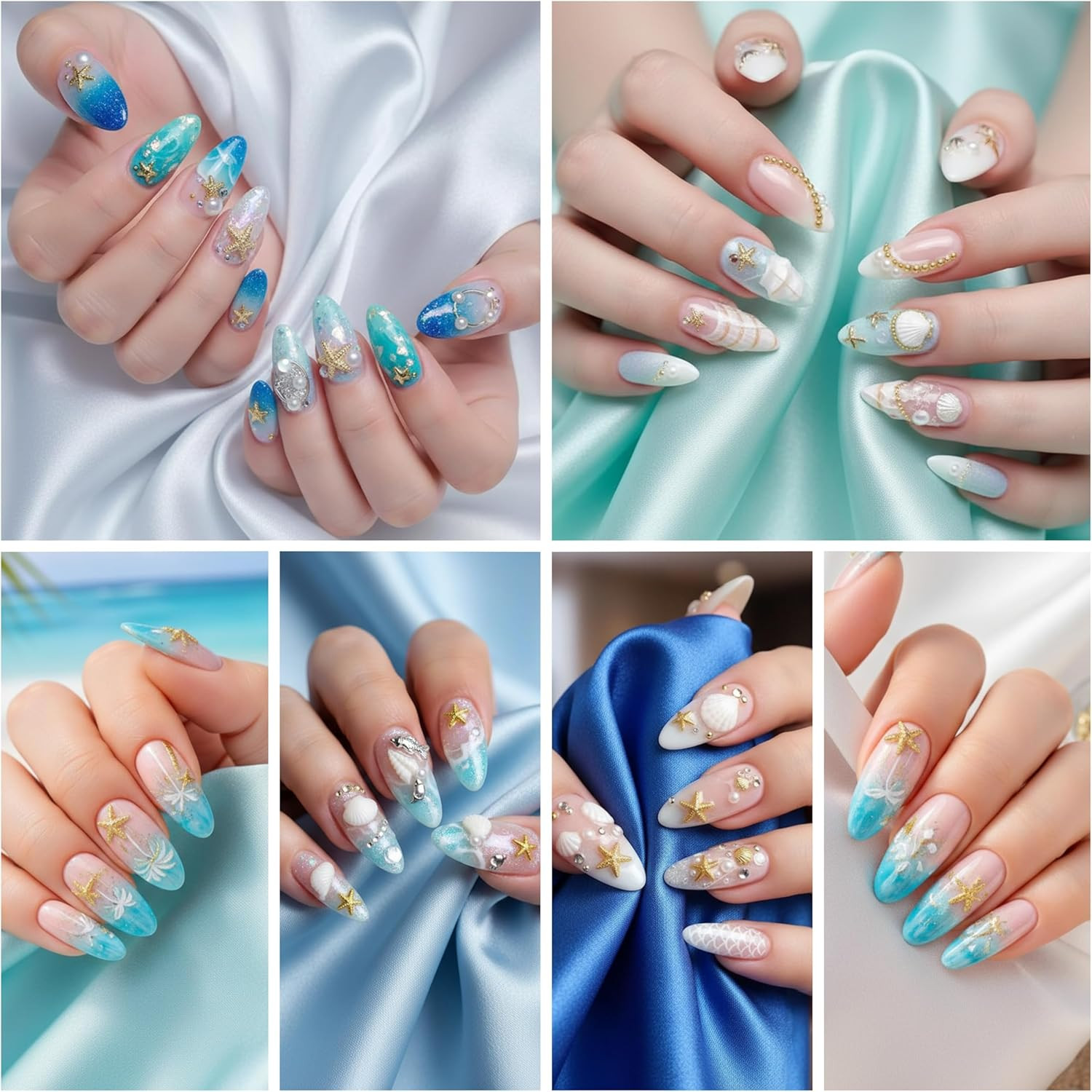Nail Charms, 2Boxes Gold Silver Summer Ocean Nail Charms and Gems, Metal Small S