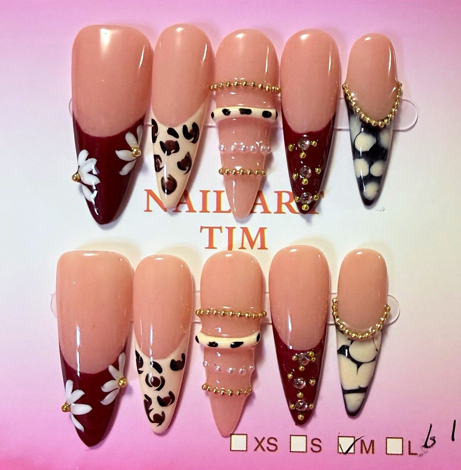 Nude/Brown/White/Black 3D Animal Coffin Press-On Nails, size medium