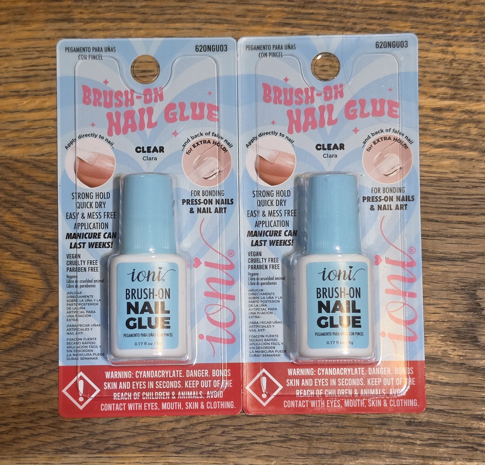 2 x Ioni Brush-On Nail Glue In Clear for Press-On Nails 0.17fl Oz BNIB