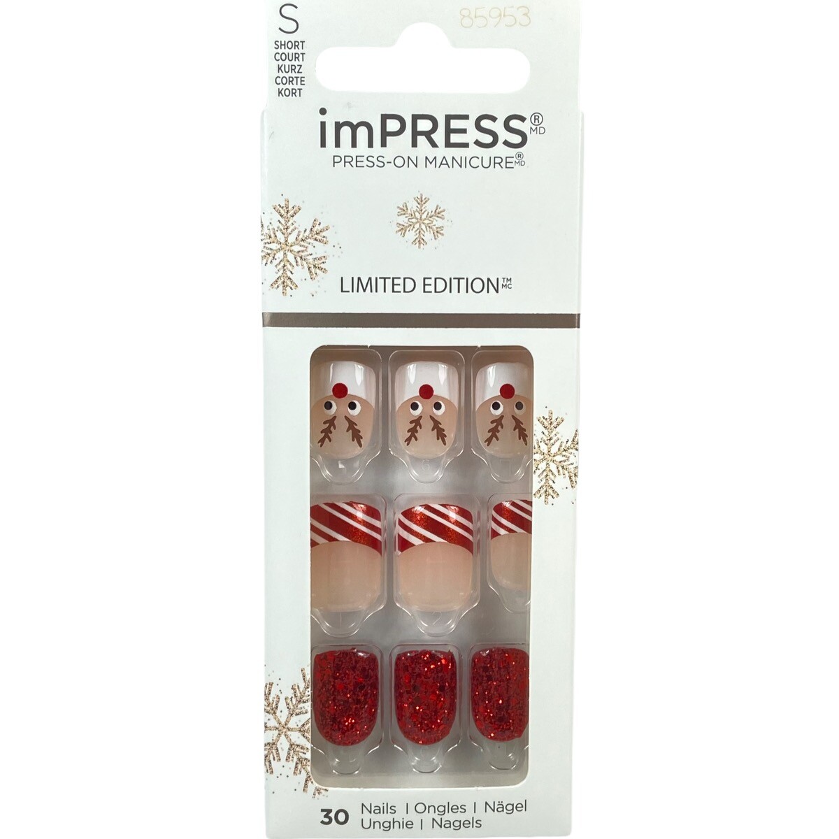 NEW Kiss Nails Impress Press On Manicure Short Gel French Red Reindeer Christmas