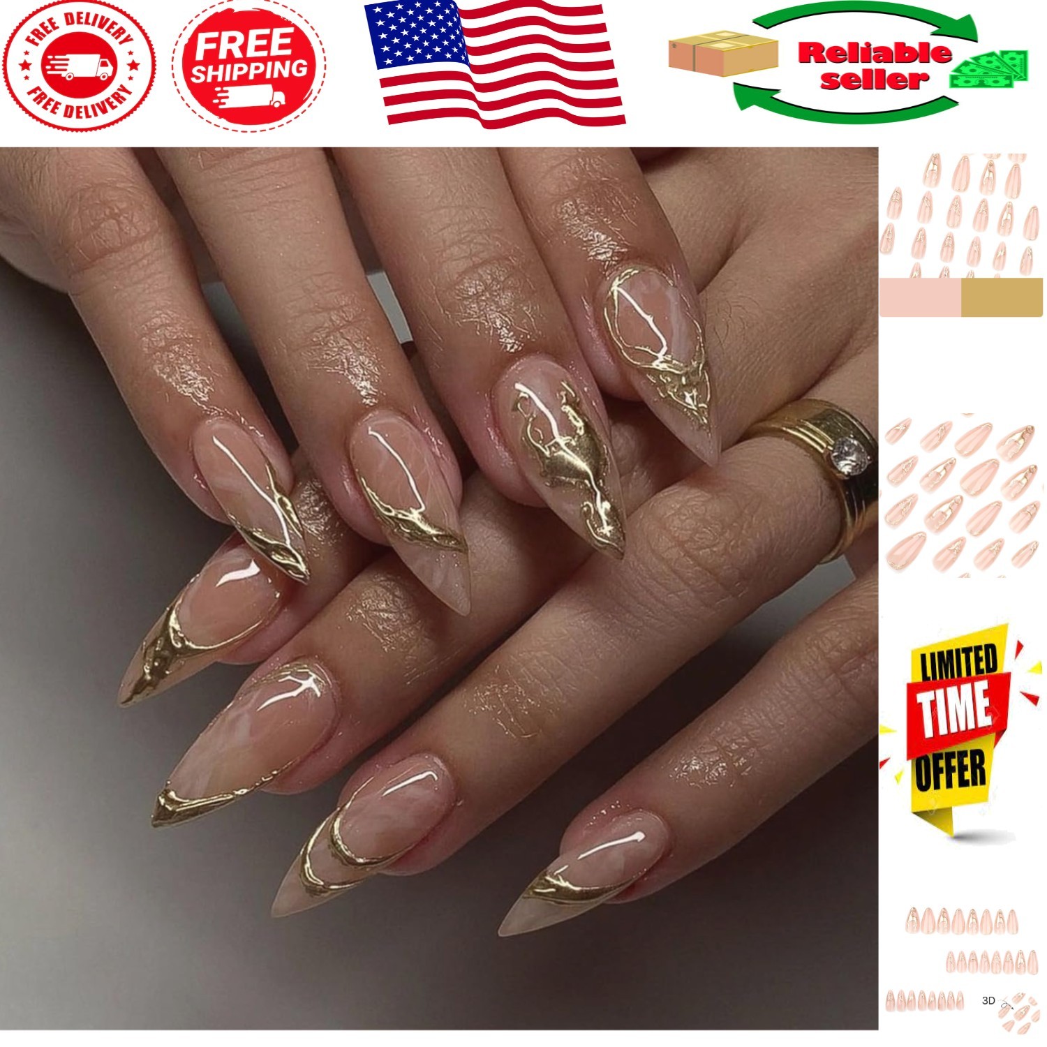 Glossy Gold Almond Fake Nails – 24 Pcs Full Cover Design for Effortless Glam