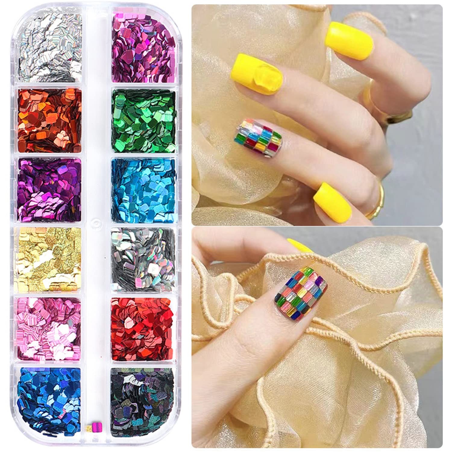 Holographic Square Glitter Flakes, 12 Colors Rectangle Sparkly 12 colors