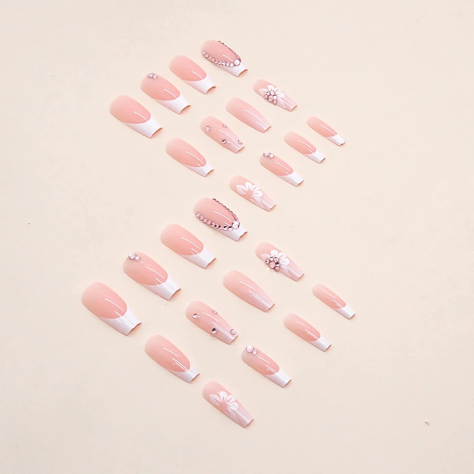 Coffin Press on Nails Long Fake Nails White French Tip Glue on Nails Pink Rhi…