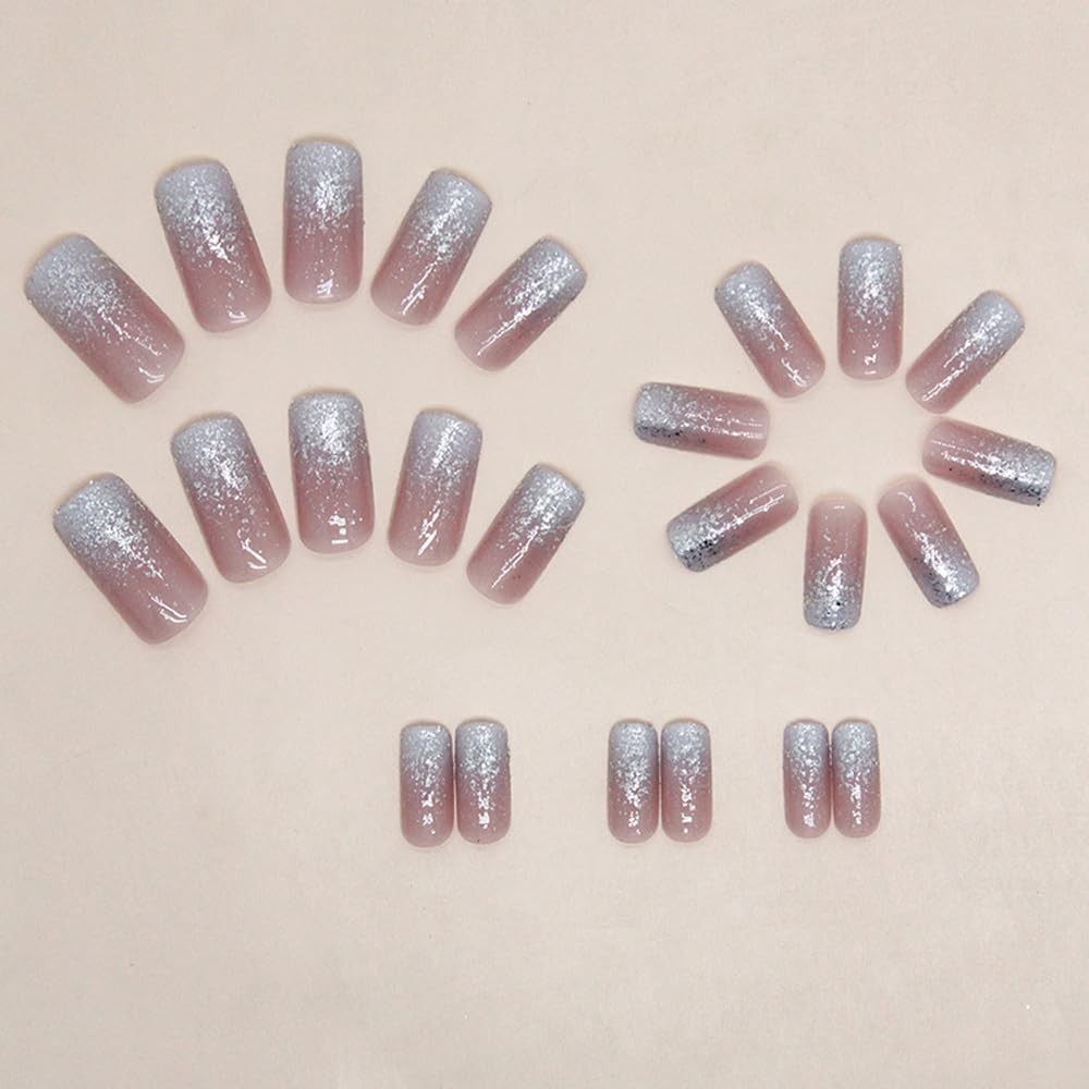 Square Press on Nails Short Medium Ombre White fake on Nails with Bling Glitt…
