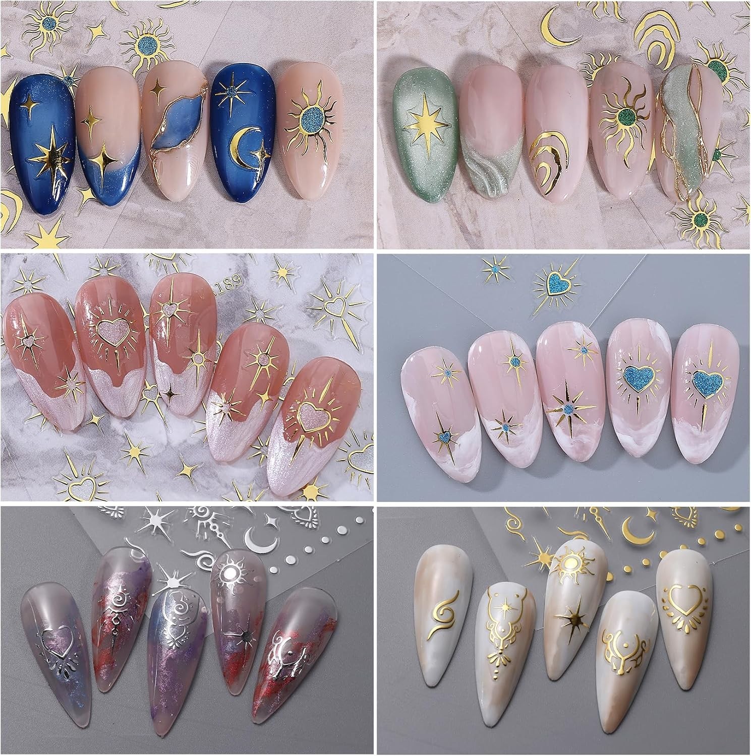 Elegant Holographic Nail Decals – 12 PCS Sun Heart & Stars for Every Occasion