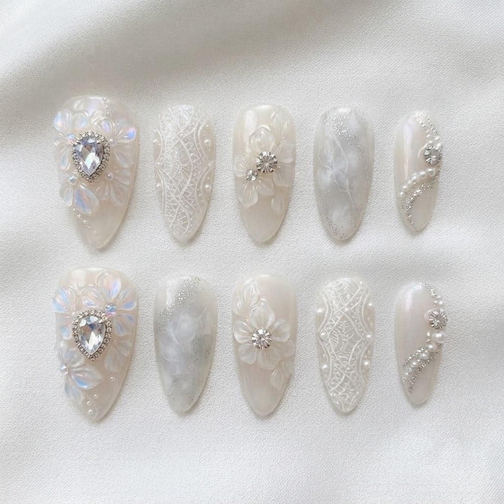 Custom Handmade White Flower Lace Pearl Rhinestone Almond Press on Nails